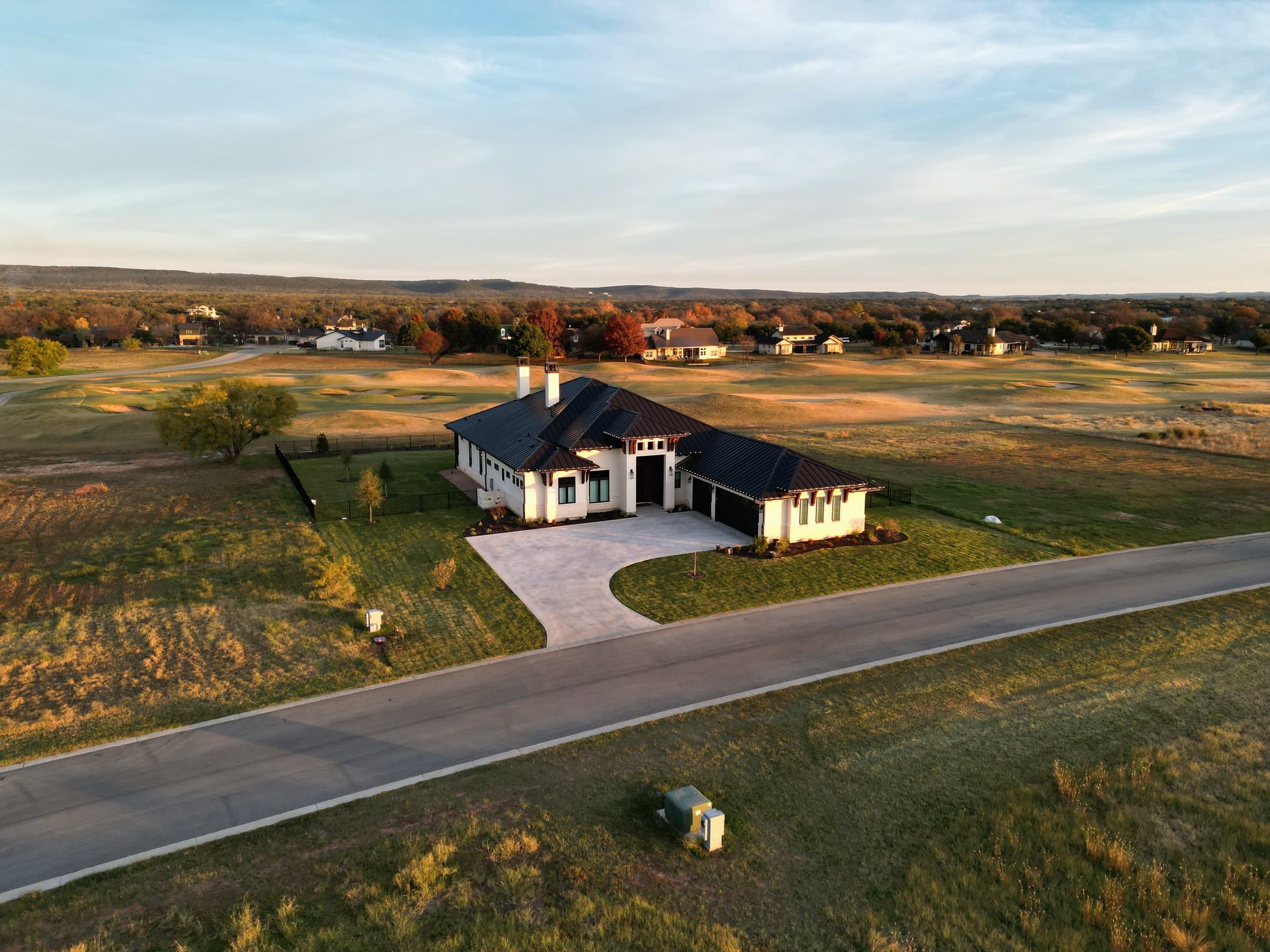 Aerial view at golden hour across open land